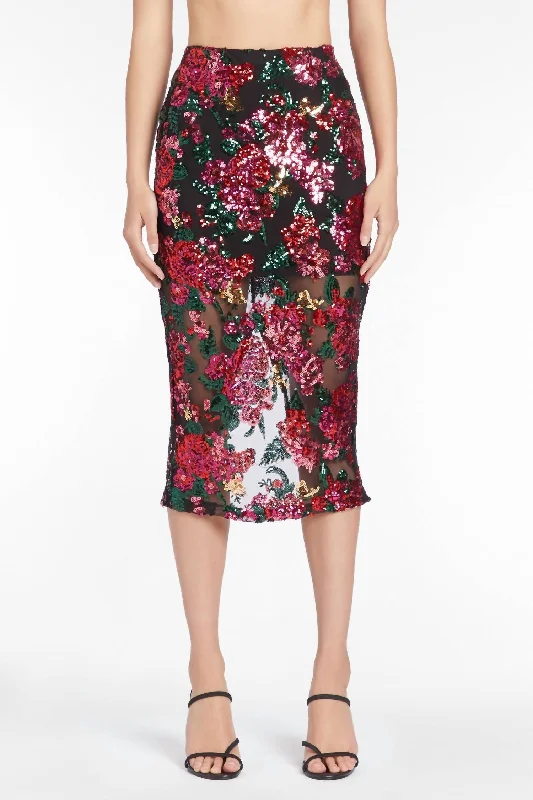 Kismet Sequin Skirt In Noir Dahlia Floral