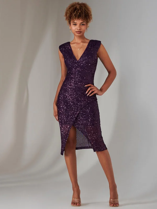 Deja Sequin Midi Dress With Slit, Dark Purple