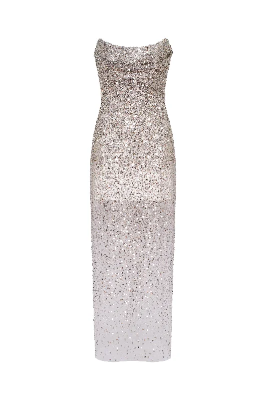 Entrance-worthy semi-sheer sequined silver maxi dress