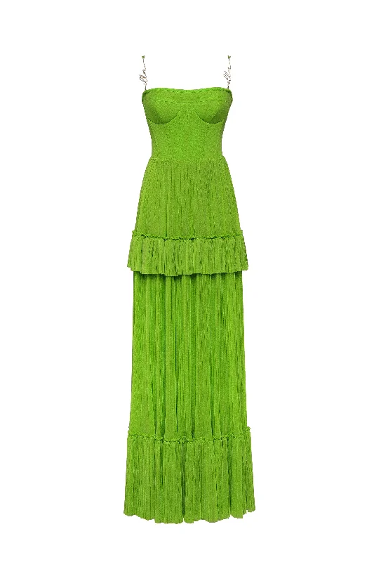 Green spaghetti strap pleated maxi dress, Garden of Eden