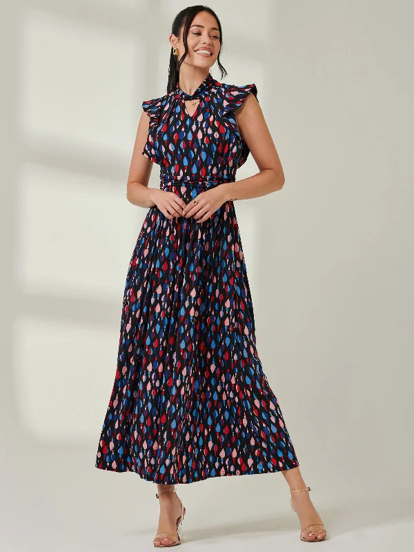 Jolie Moi Doris Frill Shoulder Maxi Dress, Navy Pattern