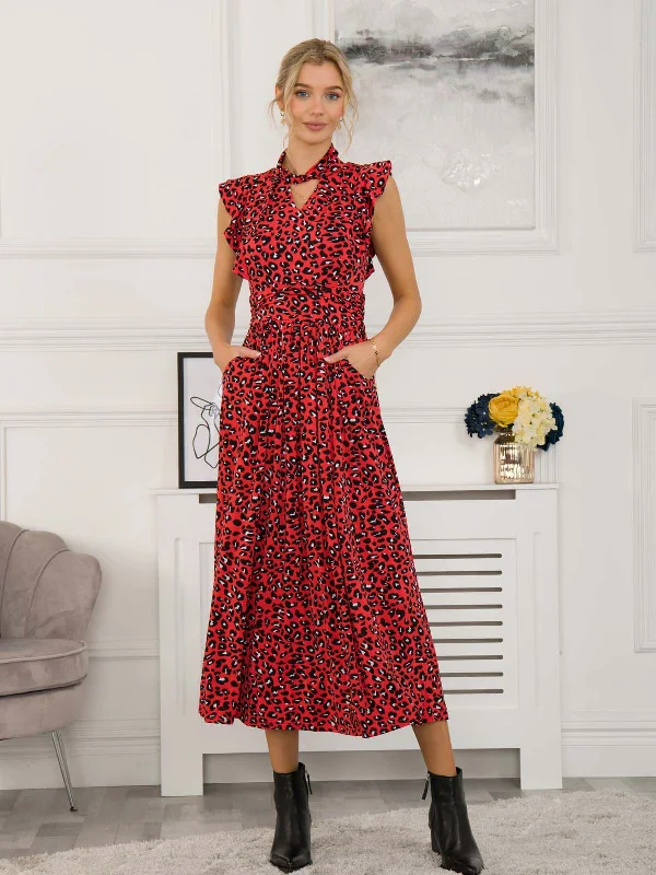 Jolie Moi Doris Frilly Maxi Dress, Red Animal