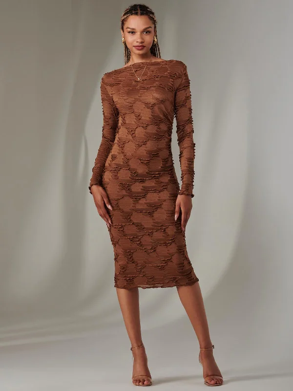 Long Sleeve Textured Midi Dress, Dark Brown