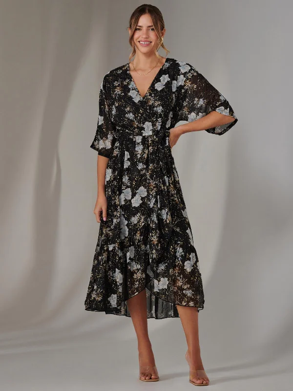 Rita Ruffle Hem Chiffon Midi Dress, Black Floral