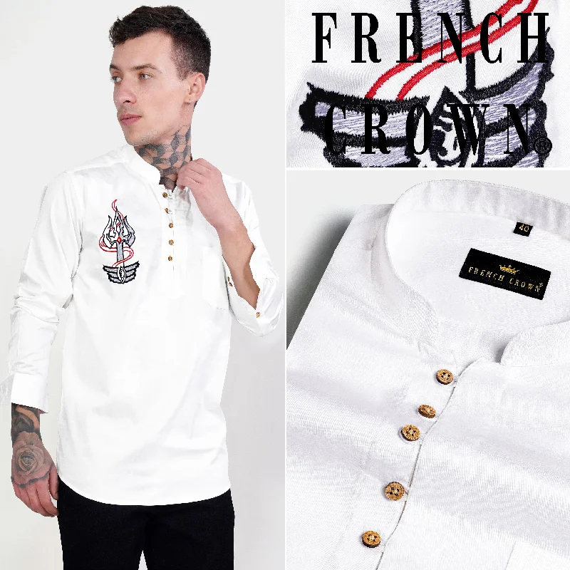 Bright White Trident Embroidered Subtle Sheen Super Soft Premium Cotton Designer Kurta Shirt