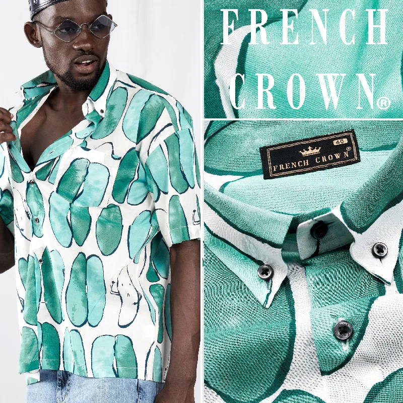 Bright White with Glacier Green Printed Lightweight Premium Cotton Oversized Shirt