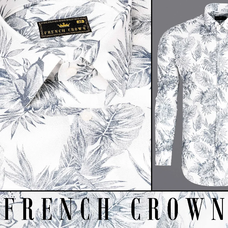 Bright White With Mountain Gray Leaves Printed Premium Tencel Beach Shirt