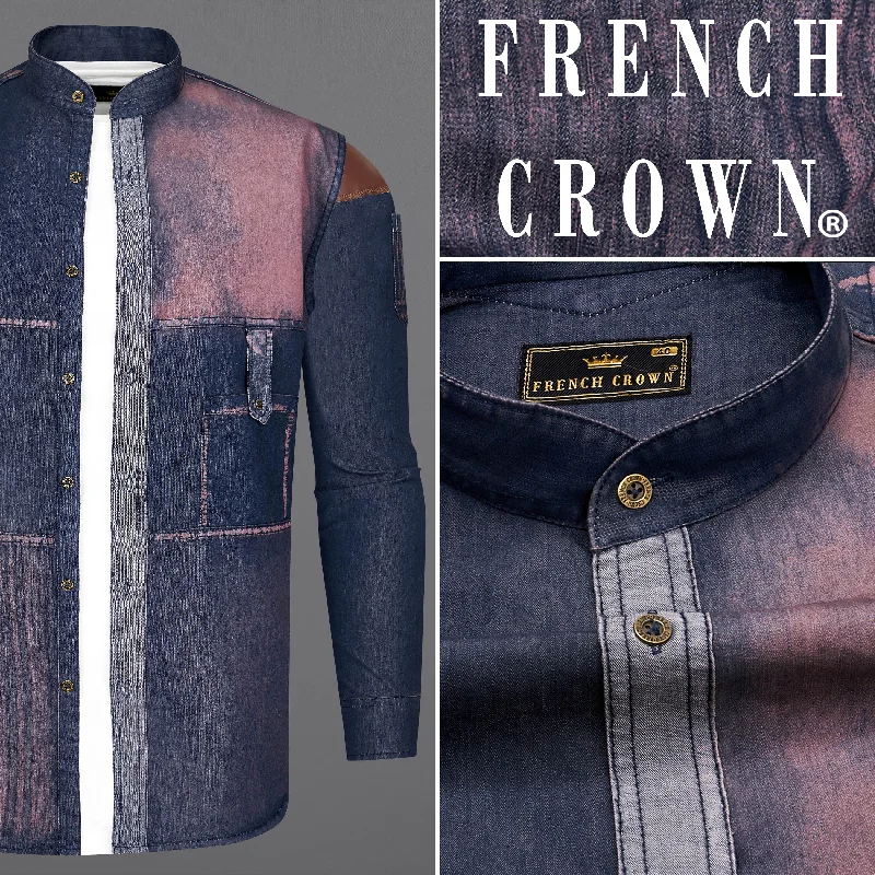 Bunting Blue with Opium Rusted Denim Designer Shirt With Leather Patch Work