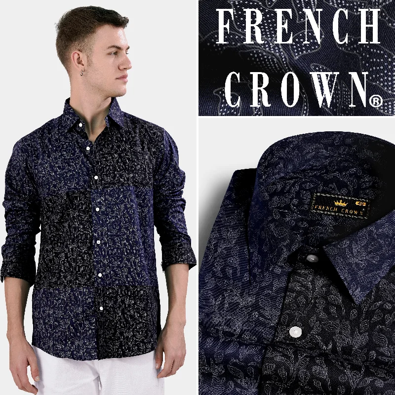 Cove Blue and Black Leaves Printed Subtle Sheen Super Soft Premium Cotton Designer Shirt