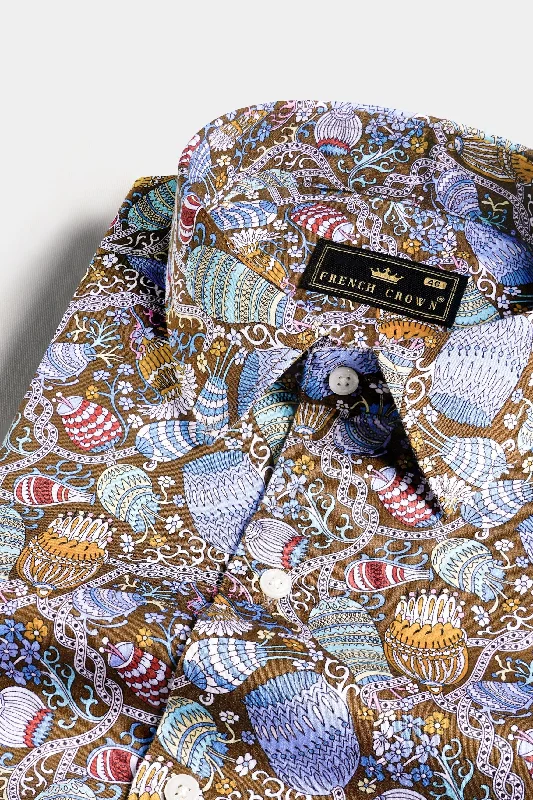 Nutmeg Brown with Iris Blue and Cadet Red Floral Printed Subtle Sheen Super Soft Premium Cotton Shirt