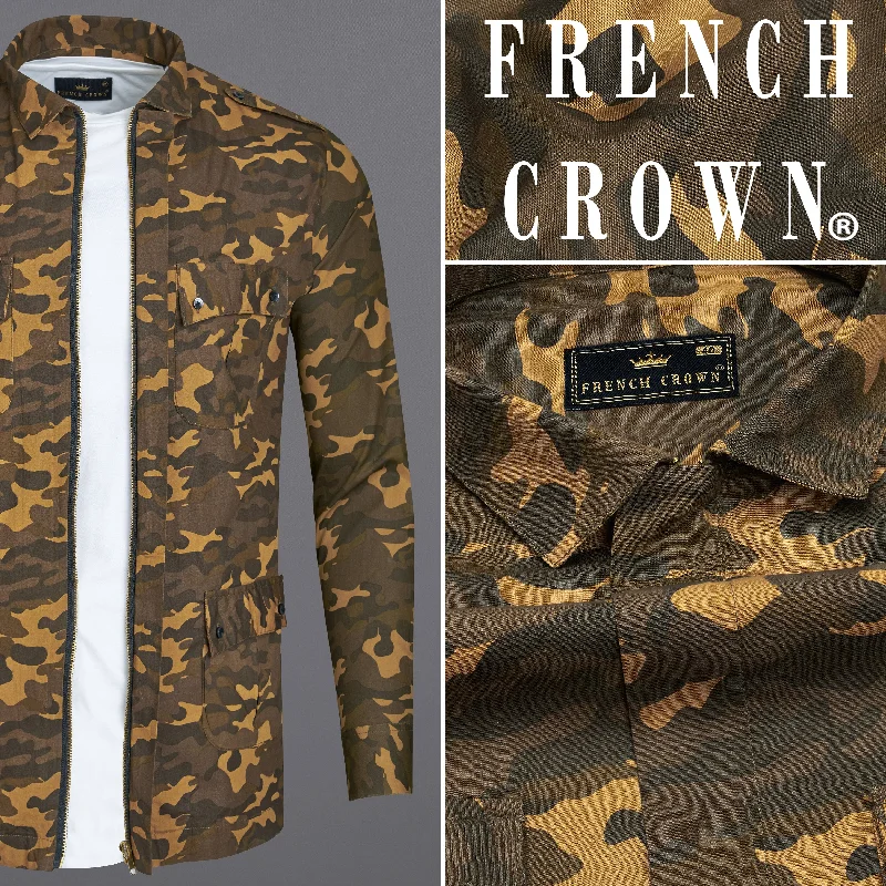 Taupe Brown with Birch Green Camouflage Royal Oxford Overshirt/Shacket with Zipper Closure