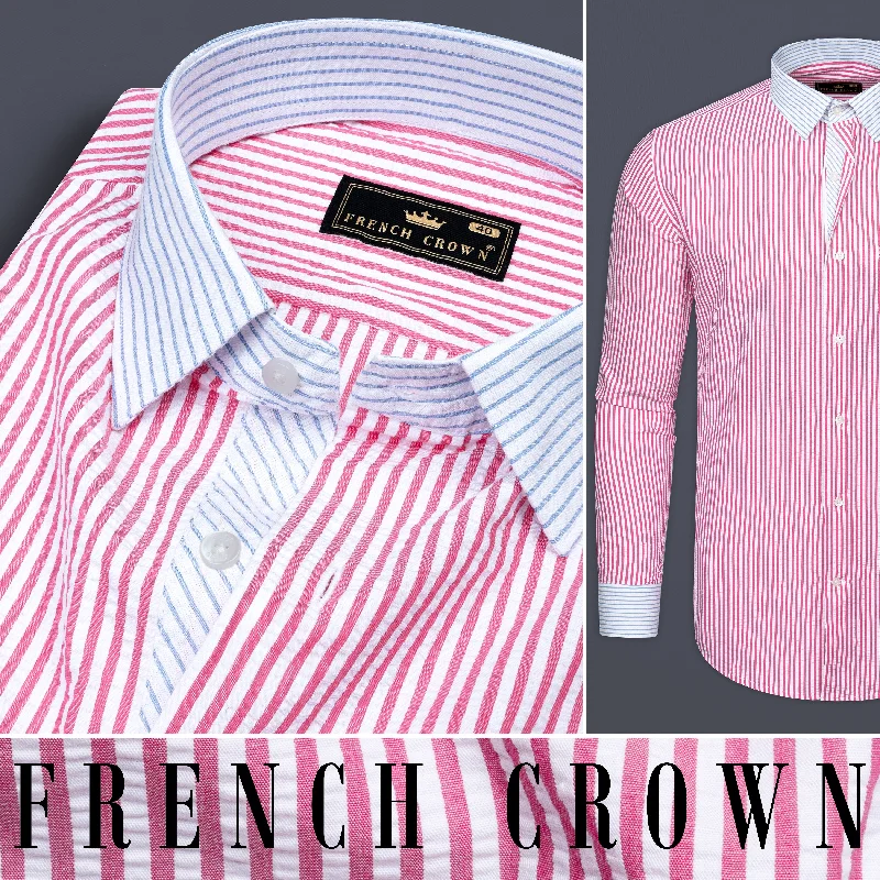 Thulian Pink And Bright White Striped Seersucker Giza Cotton Designer Shirt