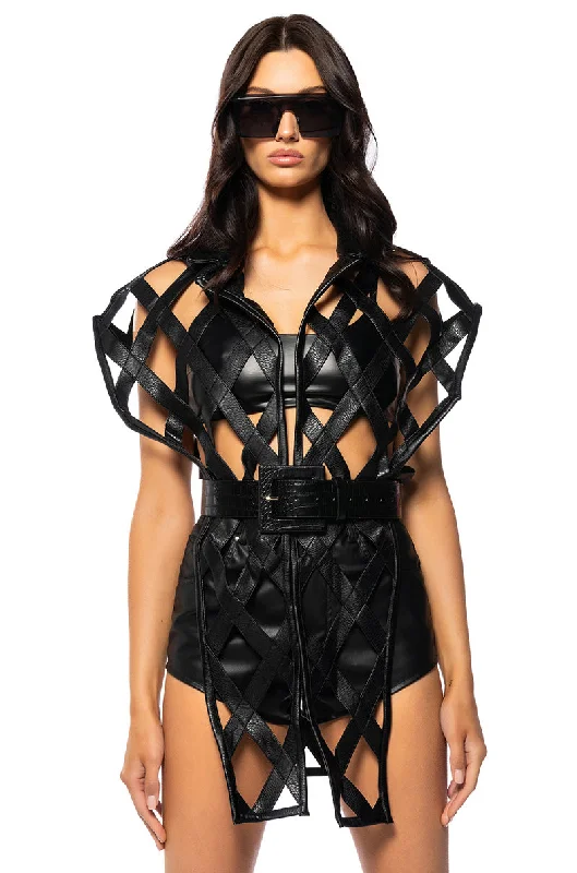 CAGED PU MOTO VEST WITH FRONT DRAPE