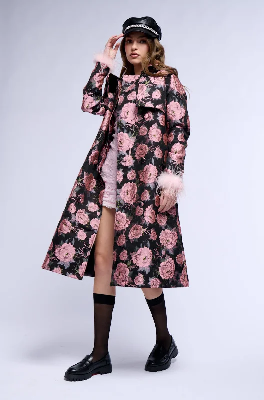 MOMMA IS ALWAYS RIGHT FLORAL TRENCH WITH FEATHERS