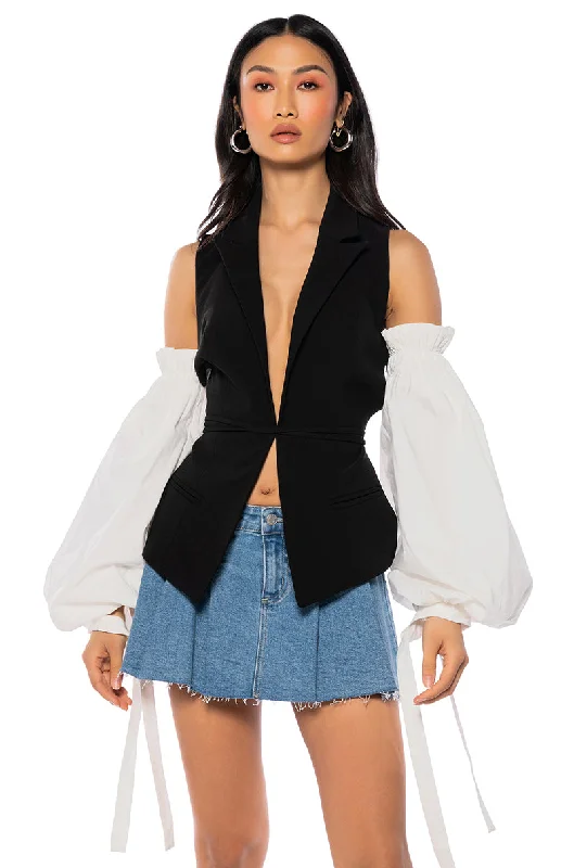 RENN GIRL OPEN BACK VEST WITH OFF SHOULDER PUFF SLEEVES