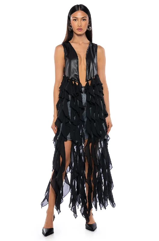 UH OH HONEY WATERFALL RUFFLE VEST IN BLACK